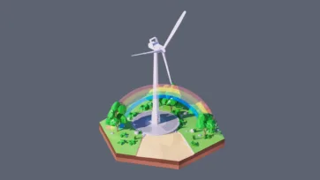 3D low poly hexagonal renewable energy scene with wind turbine, rainbow, green trees, sustainable power generation, and environmental harmony