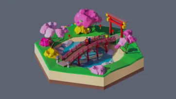 3D low poly hexagonal Japanese garden with cherry blossom trees, red bridge, pond, traditional architecture, and peaceful zen landscape