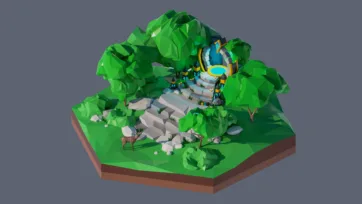 3D low poly hexagonal hidden jungle temple with ancient stone steps, lush vegetation, deer wildlife, and lost civilization ruins