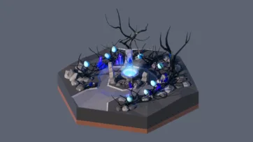 3D low poly hexagonal mystical ritual circle with glowing blue crystals, magical lighting, bare trees, stone altars, and supernatural atmosphere