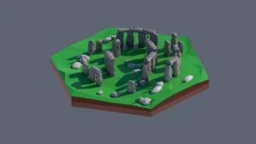 3D low poly hexagonal Stonehenge monument with ancient stone circle, green grass field, scattered rocks, and prehistoric archaeological site