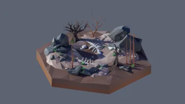 3D low poly hexagonal paleontology dig site with dinosaur fossil skeleton, scattered bones, dead trees, rocks, and archaeological excavation scene