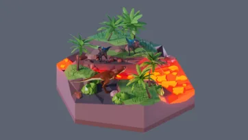 3D low poly hexagonal prehistoric dinosaur scene with volcanic landscape, palm trees, lava flows, various dinosaur species, and ancient Jurassic environment