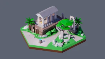 3D low poly hexagonal ancient Greek temple ruins with classical architecture, palm trees, columns, and Mediterranean archaeological heritage site