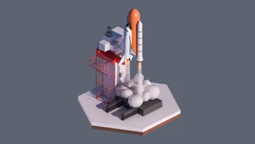 3D low poly hexagonal space shuttle launch pad with rocket, launch tower, smoke clouds, and dramatic aerospace mission departure