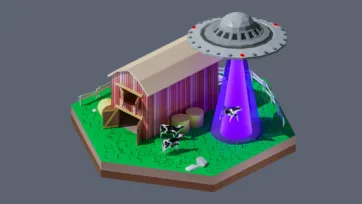 3D low poly hexagonal alien UFO abduction scene with flying saucer, purple tractor beam, farm barn, cattle, and science fiction encounter