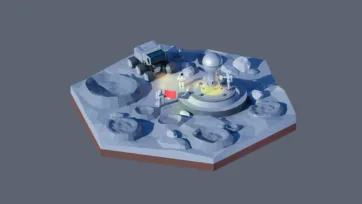 3D low poly hexagonal lunar base scene with astronauts, space vehicles, equipment, craters, and extraterrestrial exploration outpost
