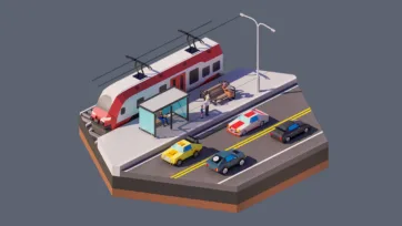 3D low poly hexagonal urban train station with electric train, platform, cars, busy commuter transportation hub, and city transit