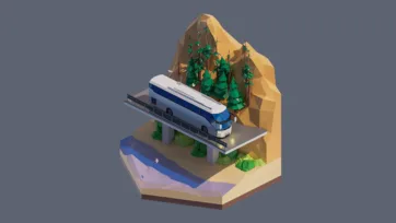 3D low poly hexagonal mountain railway scene with passenger train, forest bridge, scenic landscape, and scenic transportation route
