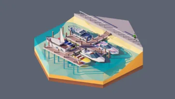 3D low poly hexagonal coastal marina with wooden docks, various boats, boardwalk stairs, and waterfront recreational boating facility