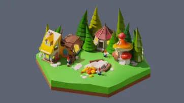3D low poly hexagonal fairy tale gnome village with colorful mushroom houses, forest trees, small characters, and whimsical fantasy setting