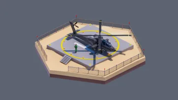 3D low poly hexagonal military helicopter landing pad with aircraft, security fencing, personnel, and tactical aviation facility