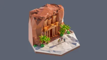 3D low poly hexagonal ancient desert temple with classical columns, palm trees, archaeological site, and historical monument exploration