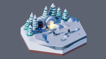 3D low poly hexagonal winter ice fishing scene with evergreen trees, frozen lake, ice holes, campfire, and cold weather recreation