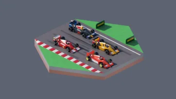3D low poly hexagonal Formula 1 racing circuit with colorful race cars, track barriers, green grass, and high-speed motorsport competition