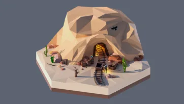 3D low poly hexagonal desert mining operation with railroad tracks, cave entrance, mining equipment, workers, and industrial extraction site