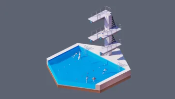 3D low poly hexagonal public swimming pool with diving platforms, blue water, swimmers, safety equipment, and recreational aquatic facility