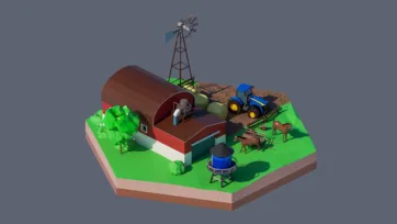 3D low poly hexagonal rural farm scene with red barn, windmill, blue tractor, cattle, green fields, and agricultural countryside lifestyle