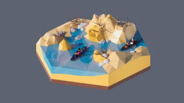 3D low poly hexagonal desert canyon kayaking scene with winding river, rocky cliffs, small boats, paddlers, and wilderness water sports