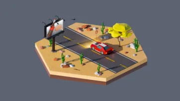 3D low poly hexagonal desert highway scene with red car, cacti, rocky formations, power lines, and remote road trip adventure