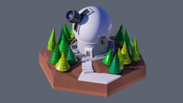 3D low poly hexagonal space observatory with large telescope dome, forest surroundings, stairs, and astronomical research facility for stargazing