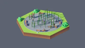 3D low poly hexagonal outdoor fitness park with green exercise equipment, people working out, trees, and public health recreation facility
