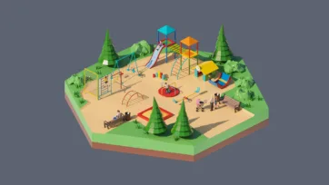 3D low poly hexagonal children's playground with slides, swings, climbing structures, sandbox, trees, and family-friendly recreational park environment