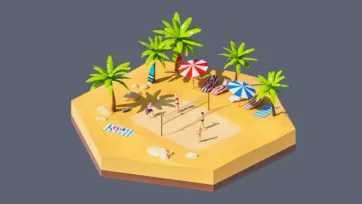 3D low poly hexagonal tropical beach volleyball scene with palm trees, sand court, colorful umbrellas, players, and summer sports recreation