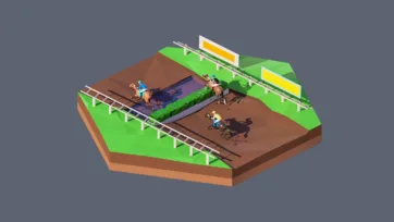 3D low poly hexagonal horse racing track with jockeys on horses, grandstand barriers, dirt course, and equestrian sporting event competition