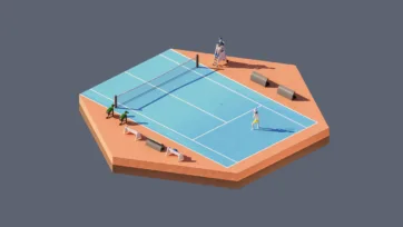3D low poly hexagonal outdoor tennis court with blue playing surface, net, players, seating area, and competitive sports recreation facility