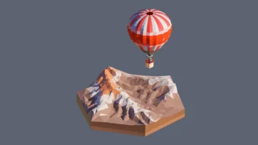 3D low poly hexagonal hot air balloon adventure over dramatic mountain canyon landscape with colorful striped balloon and scenic aerial view