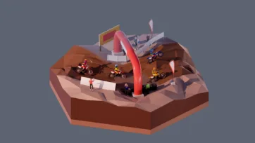 3D low poly hexagonal desert motocross race with dirt bikes, riders, ramps, sand terrain, flags, and extreme sports competition environment
