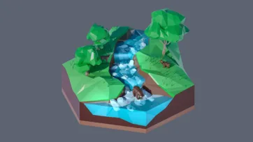 3D low poly hexagonal forest waterfall scene with cascading blue water, lush green trees, rocky terrain, and pristine natural wilderness landscape