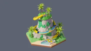 3D low poly hexagonal mountain water park with colorful tube slides, tropical palm trees, rocky formations, and thrilling aquatic adventure attraction