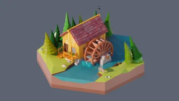 3D low poly hexagonal traditional water mill scene with wooden wheel, forest stream, cottage building, pine trees, and rustic countryside environment