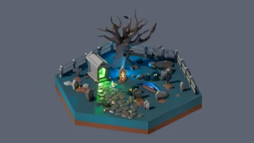 3D low poly hexagonal horror graveyard scene with zombie emerging from tomb, dead tree, cemetery crosses, spooky atmosphere, and undead creatures