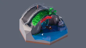 3D low poly hexagonal mystical cave scene with curved bridge walkways, glowing magical elements, underground exploration, and fantastical environment