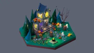 3D low poly hexagonal spooky Halloween scene with haunted mansion, jack-o'-lanterns, ghosts, bare trees, cemetery, and eerie atmospheric lighting
