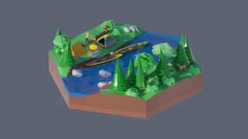 3D low poly hexagonal kayak adventure scene with winding river, forest vegetation, yellow watercraft, paddlers, and outdoor recreation in natural setting