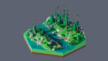 3D low poly hexagonal wilderness river scene with tall evergreen trees, flowing blue water, scattered rocks, and pristine natural forest environment