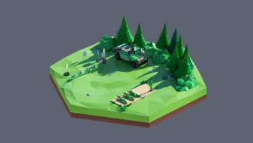 3D low poly hexagonal military forest base with camouflaged vehicles, soldiers, pine trees, training area, and tactical defense installation in woodland setting
