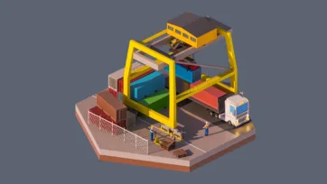 3D low poly hexagonal shipping port scene with massive yellow container crane, colorful cargo containers, truck, workers, and industrial logistics operation