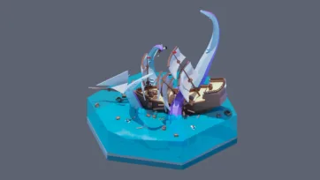 3D low poly hexagonal pirate ship battle scene with sailing vessels, dramatic sails, treasure chest, ocean combat, and swashbuckling adventure on high seas