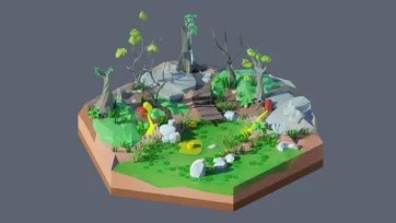 3D low poly hexagonal swamp environment with dead trees, murky water, wooden bridges, scattered debris, and atmospheric wetland ecosystem