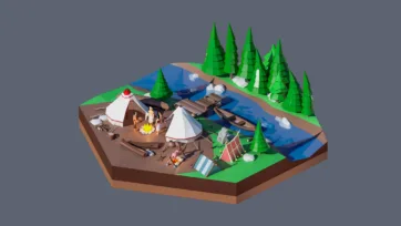 3D low poly hexagonal forest camping scene with white tents, campfire, pine trees, lake, canoe, and outdoor wilderness adventure