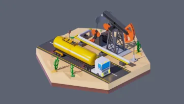 3D low poly hexagonal oil drilling operation with derrick, tanker trucks, pipeline, desert location, and industrial petroleum extraction