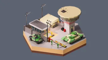 3D low poly hexagonal military base scene with control tower, army vehicles, tank, soldiers, and strategic defense installation