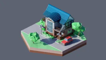3D low poly hexagonal modern suburban house with blue tile roof, driveway, red car, landscaped yard, and contemporary residential architecture