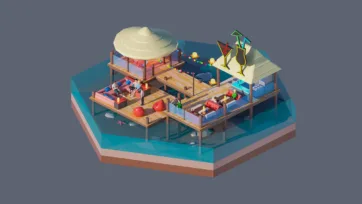 3D low poly hexagonal floating tiki bar with tropical cocktails, wooden decks, ocean water, palm decorations, and island paradise vacation