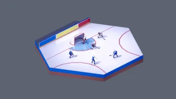 3D low poly hexagonal ice hockey rink with players in action, goal nets, arena boards, and competitive winter sports environment
